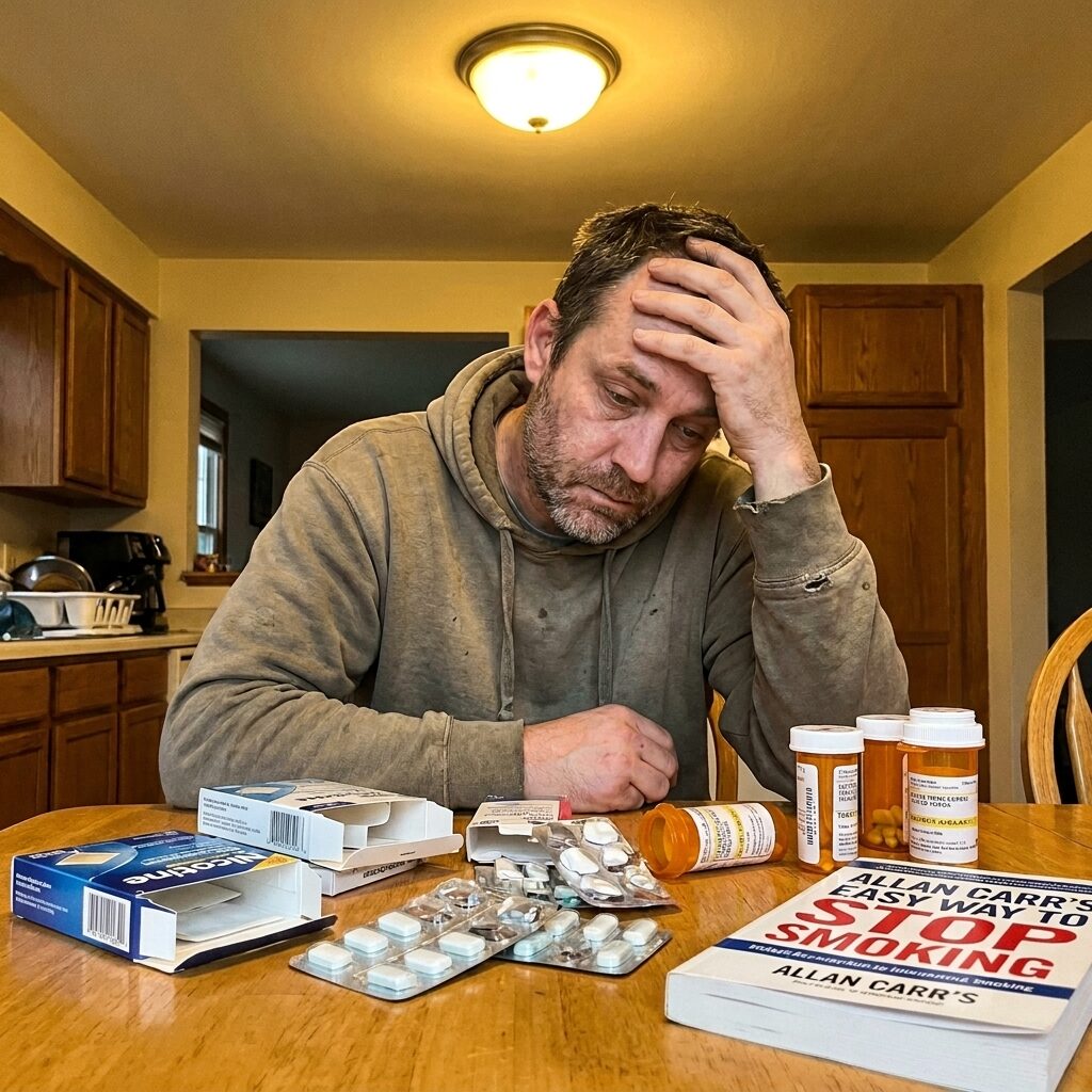 A worn-out man at his kitchen table, head in his hand, surrounded by half-used nicotine patches, pills and a quit-smoking book