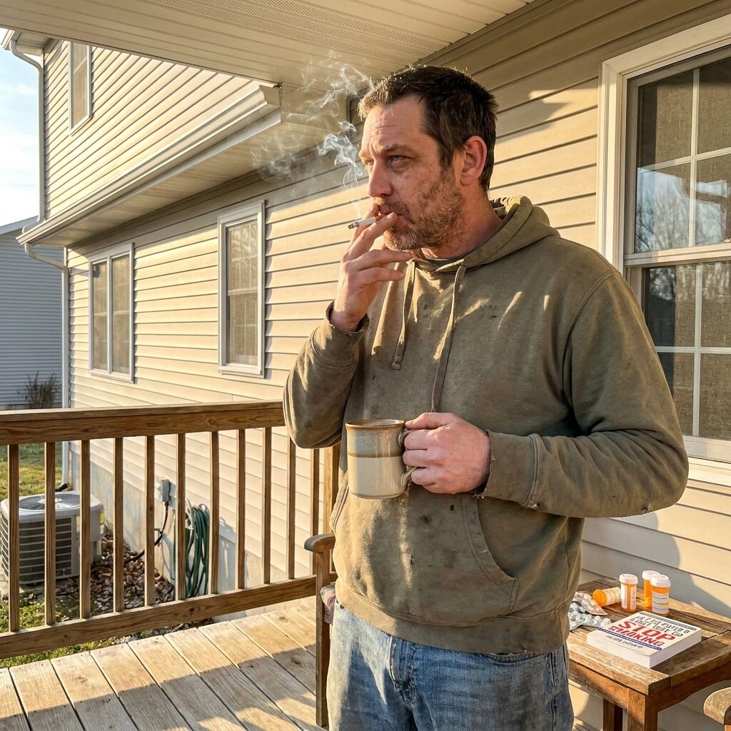A tired man smoking on his back porch with his morning coffee, quit-smoking pills and a book left on the table behind him