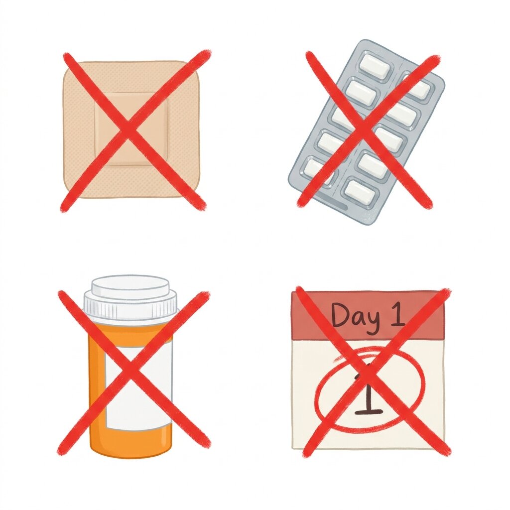 Nicotine patch, nicotine gum, pills and a Day 1 calendar, each crossed out with a red X