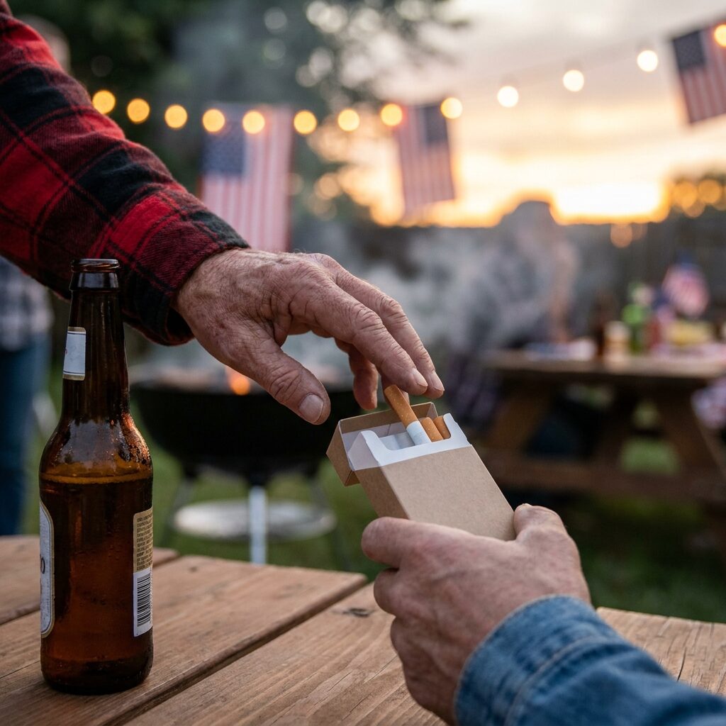 At a Fourth of July cookout, a hand reaches for a cigarette from an offered pack next to a beer