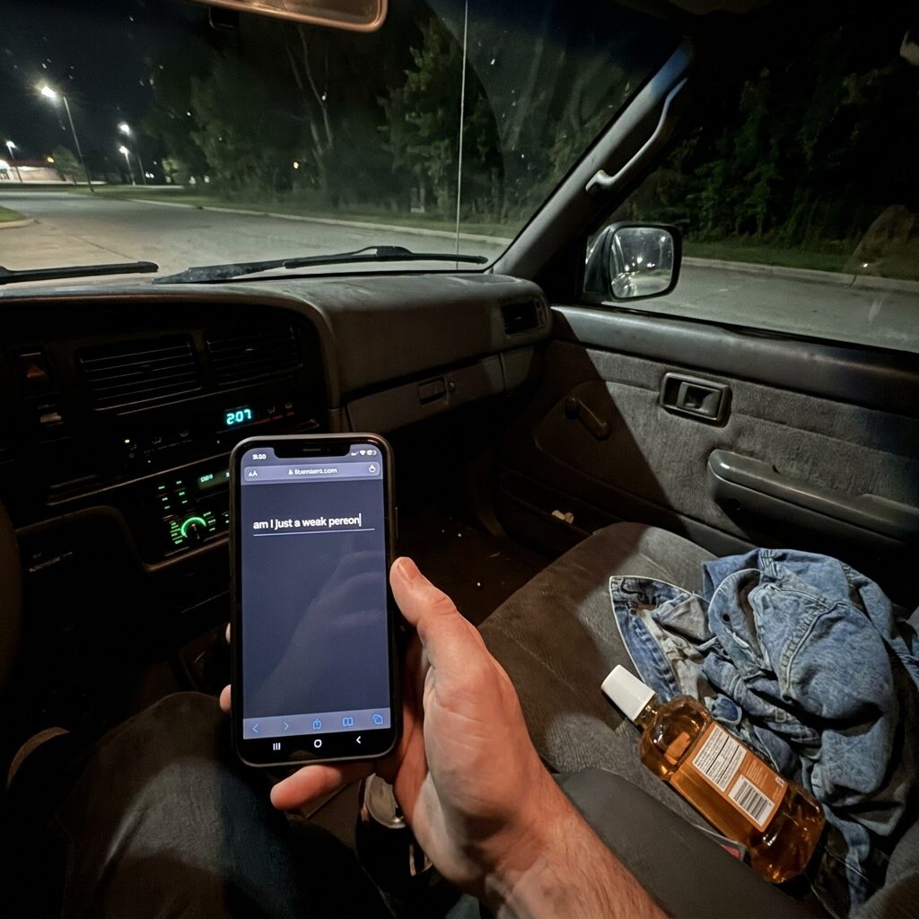 A phone in a dark truck at 2 a.m. with the search: am I just a weak person