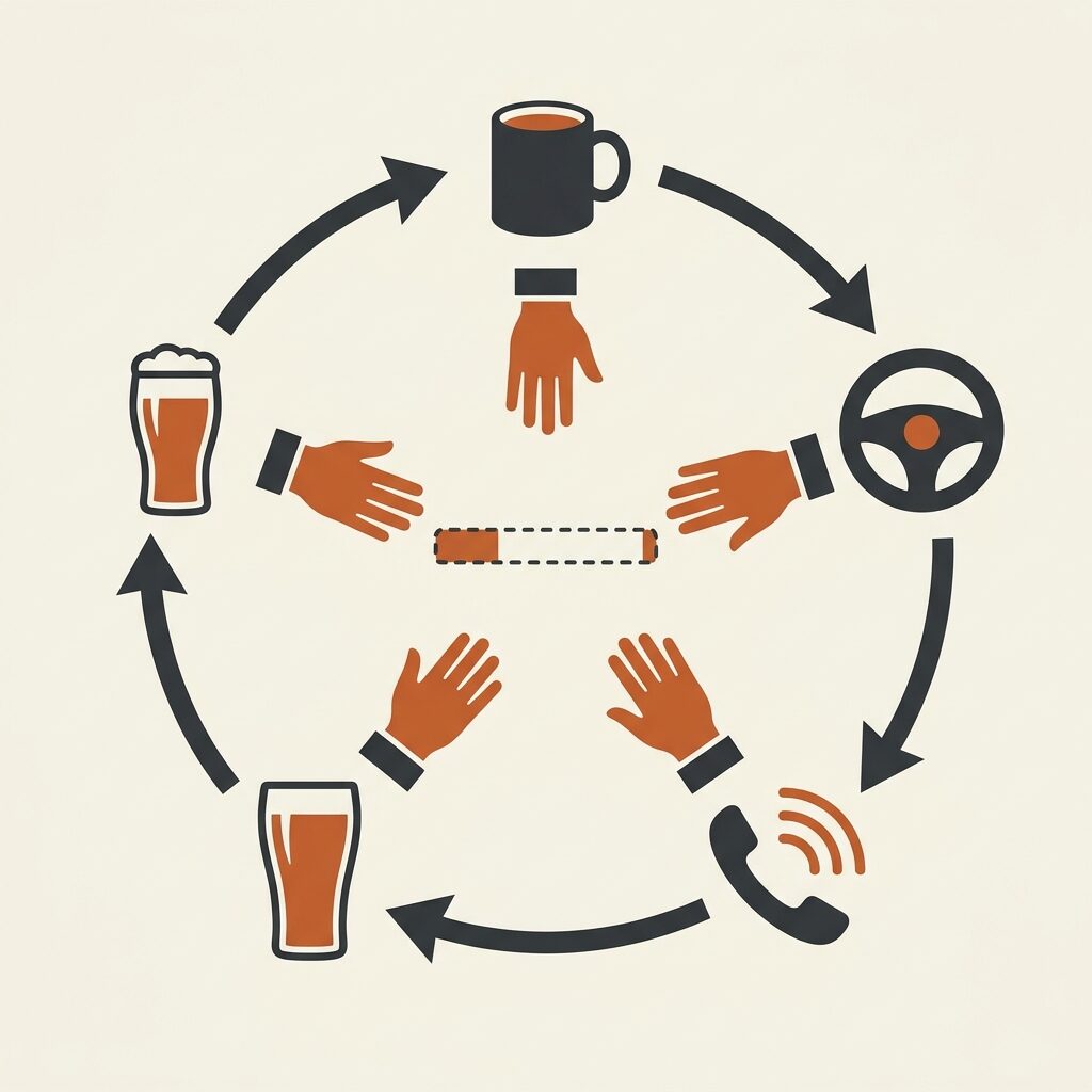 The Trigger Loop: everyday moments, each with a hand reaching for an empty cigarette slot