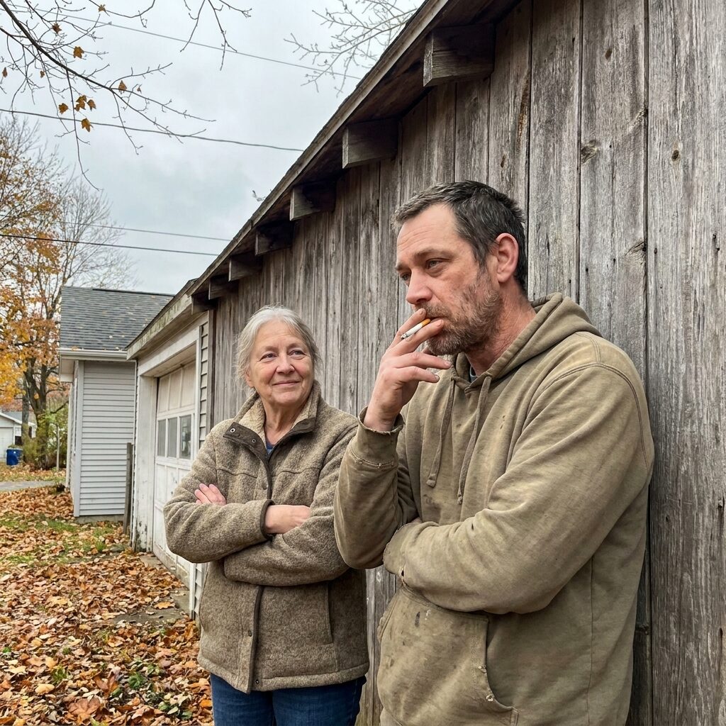 Mike smoking behind the garage while his older sister Liza stands next to him, arms crossed, smiling kindly