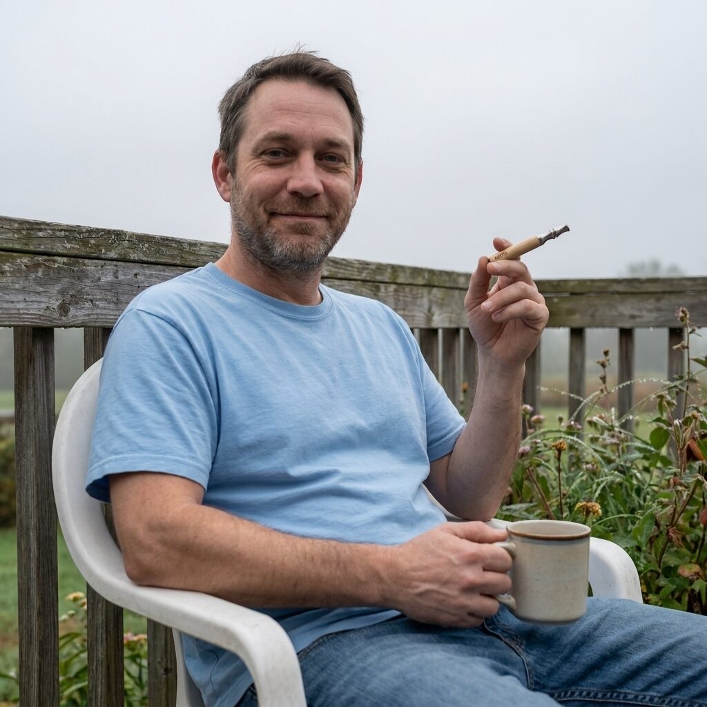 A man on his porch in the morning holding the wooden pen like a cigarette, with his coffee