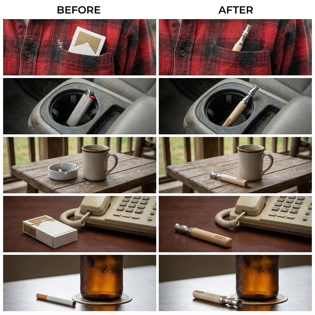 Before and after: the pack, lighter, ashtray and cigarette replaced by the Morti pen in the same five spots
