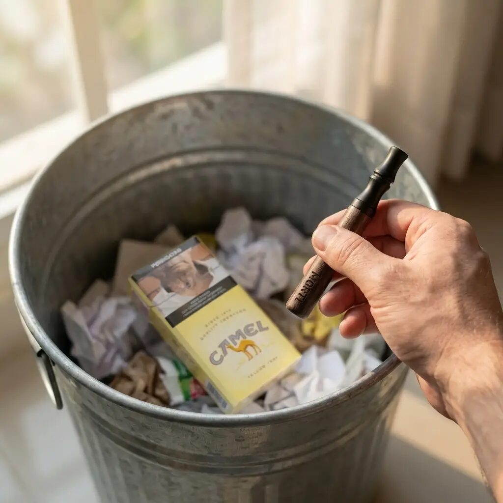 A hand holding the wooden pen over a trash can with a pack of cigarettes thrown inside