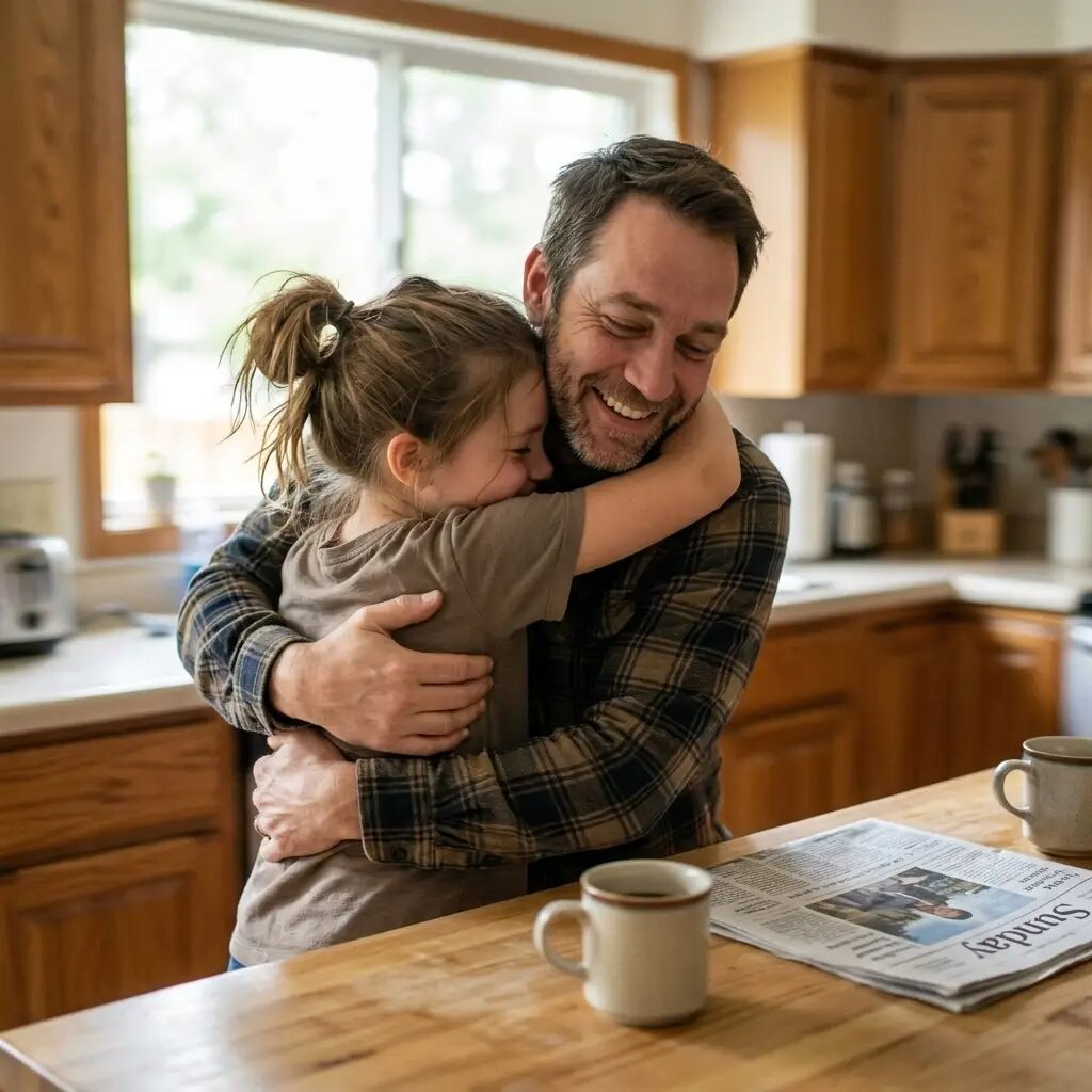A girl hugging her dad tightly in the kitchen while he smiles