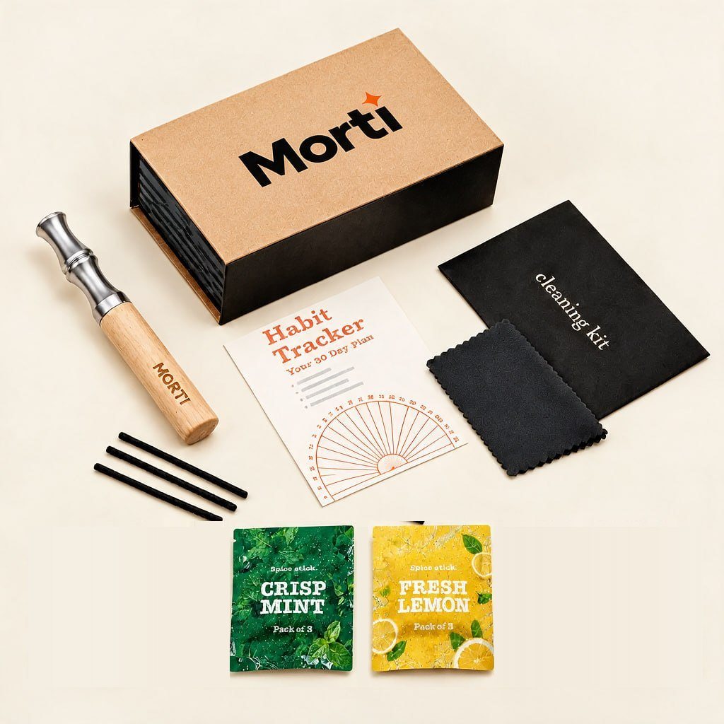 The Morti Quit Kit: wooden pen, gift box, Habit Tracker, cleaning kit and 2 flavor packs