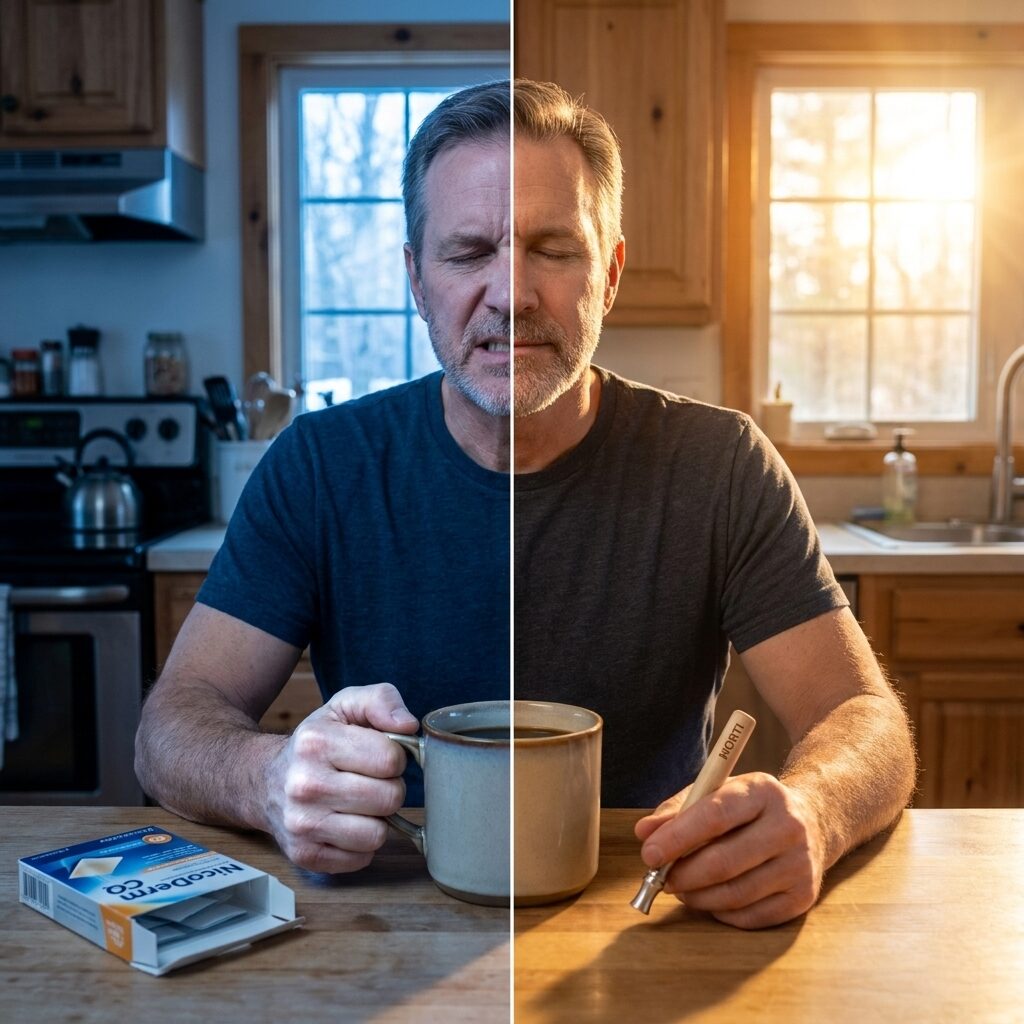 Split screen: the same man tense with a nicotine patch box, and relaxed holding the wooden pen with his coffee