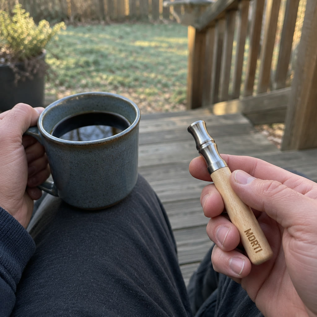 [kits:none] Morti pen with a morning coffee on the porch