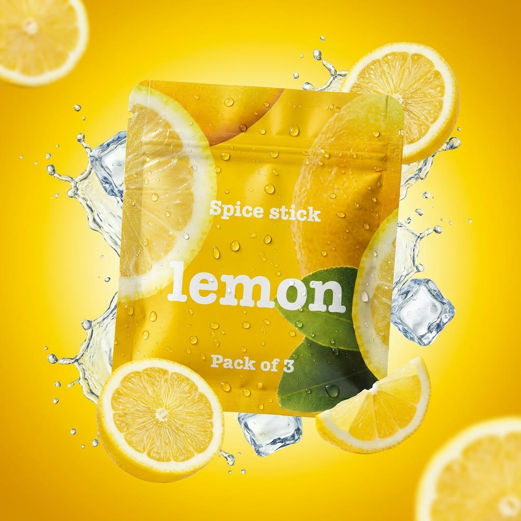 Lemon flavor pouch with fresh lemon slices and ice