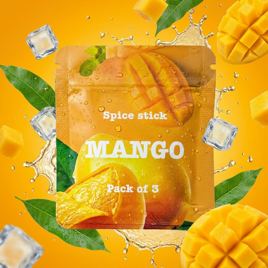 Mango flavor pouch with mango pieces and ice
