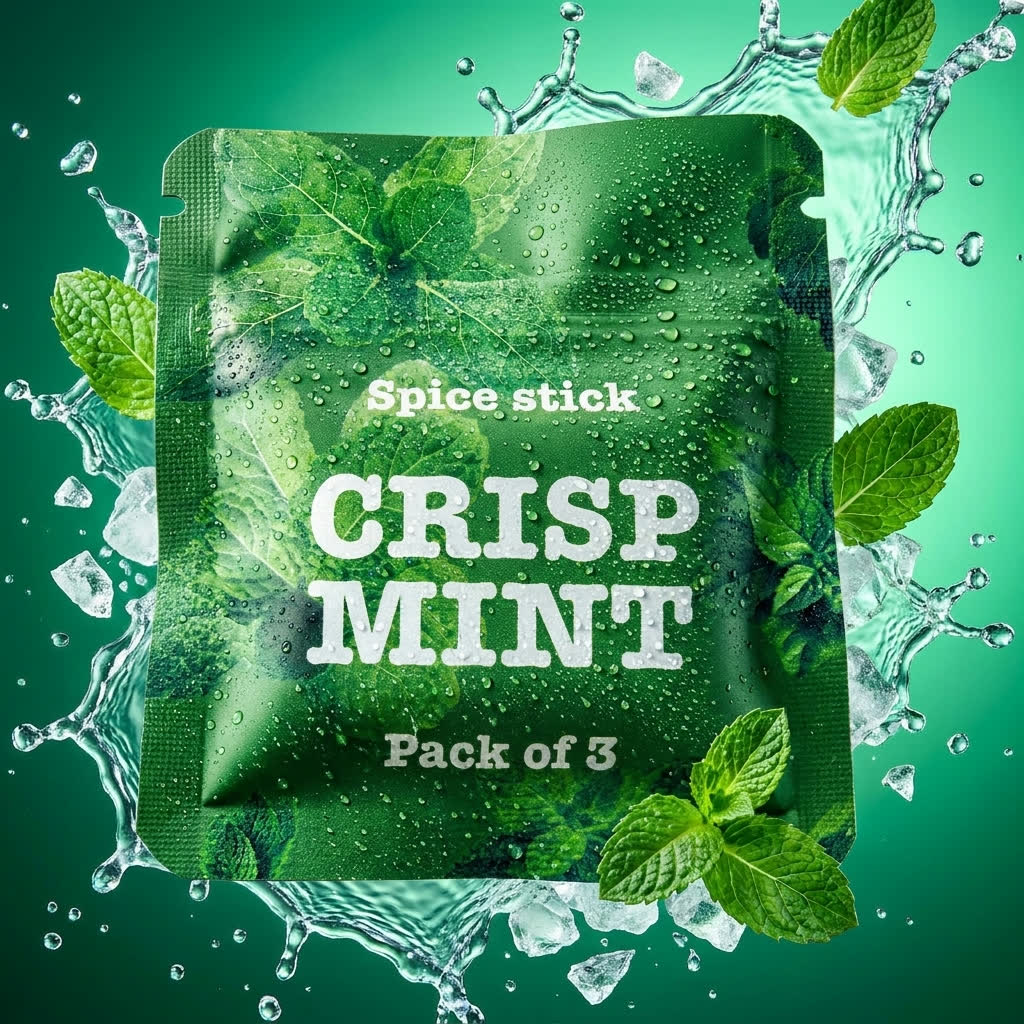Mint flavor pouch with fresh mint leaves and ice