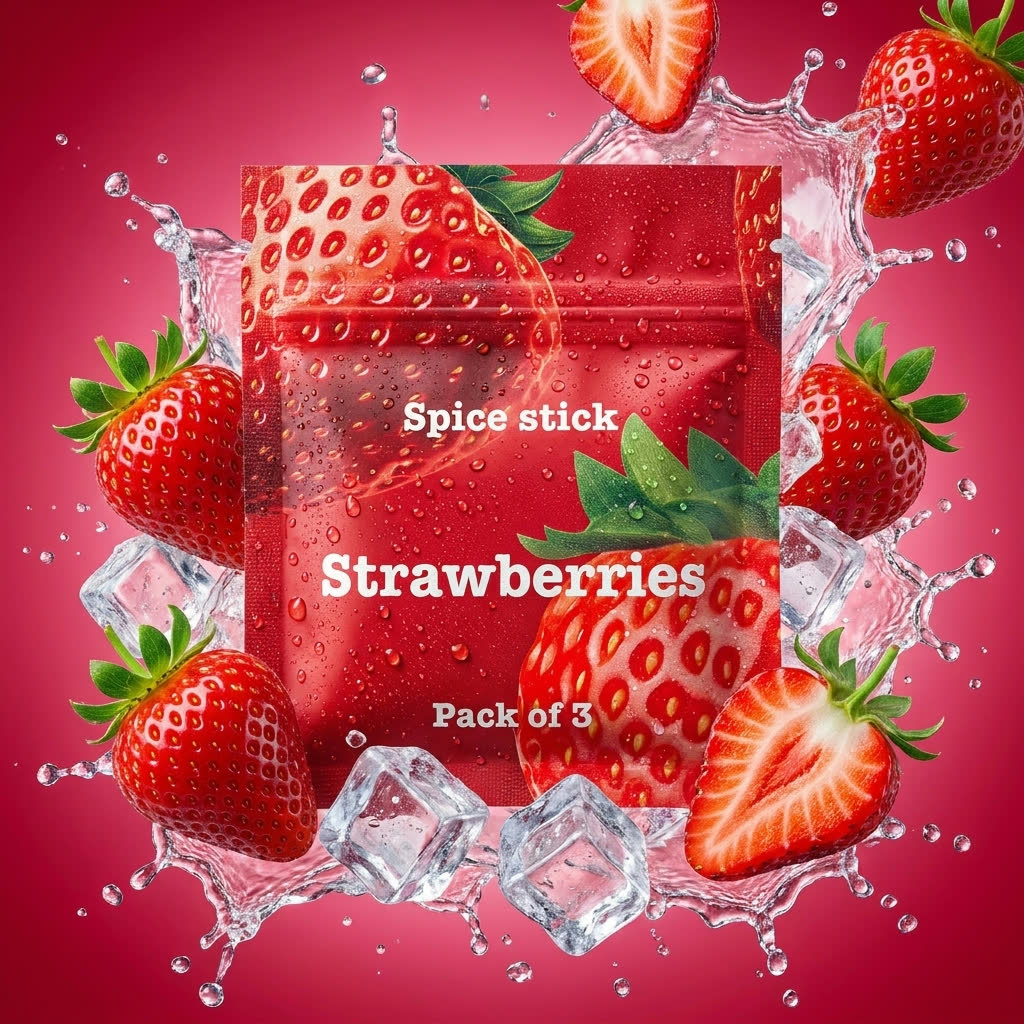 Strawberry flavor pouch with fresh strawberries and ice