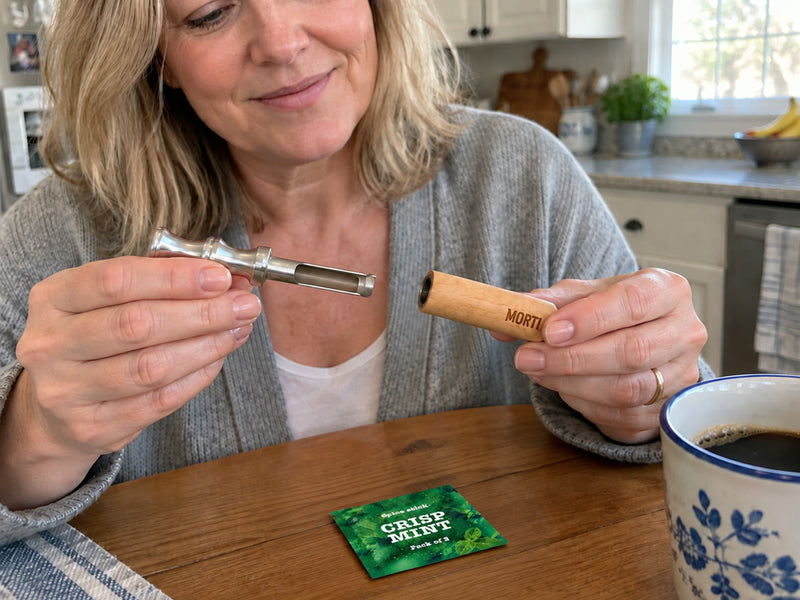 A woman at her kitchen table pulls the Morti pen apart into its two parts