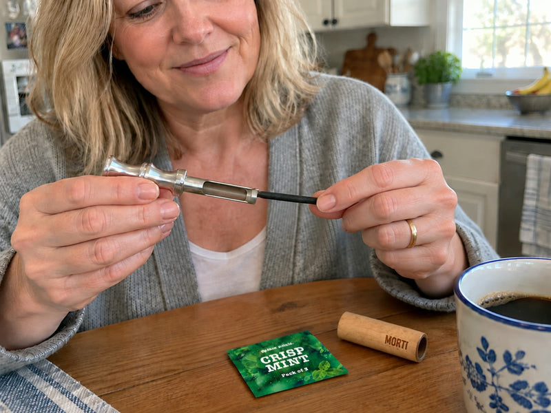 A woman slides a flavor stick into the open steel holder of the Morti pen at her kitchen table