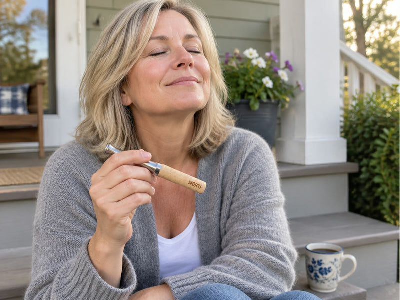 A woman on her porch breathes out calmly, holding the Morti pen