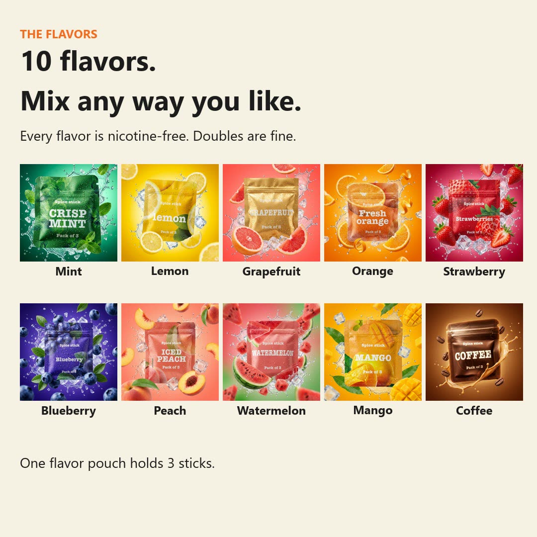 The 10 Morti flavors: Mint, Lemon, Grapefruit, Orange, Strawberry, Blueberry, Peach, Watermelon, Mango, Coffee