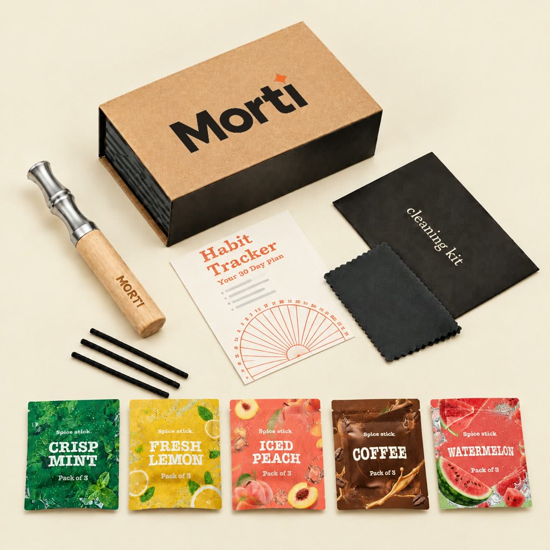 Morti Best Value Kit: Natural Wood pen, gift box, Habit Tracker, cleaning kit and 5 flavor pouches