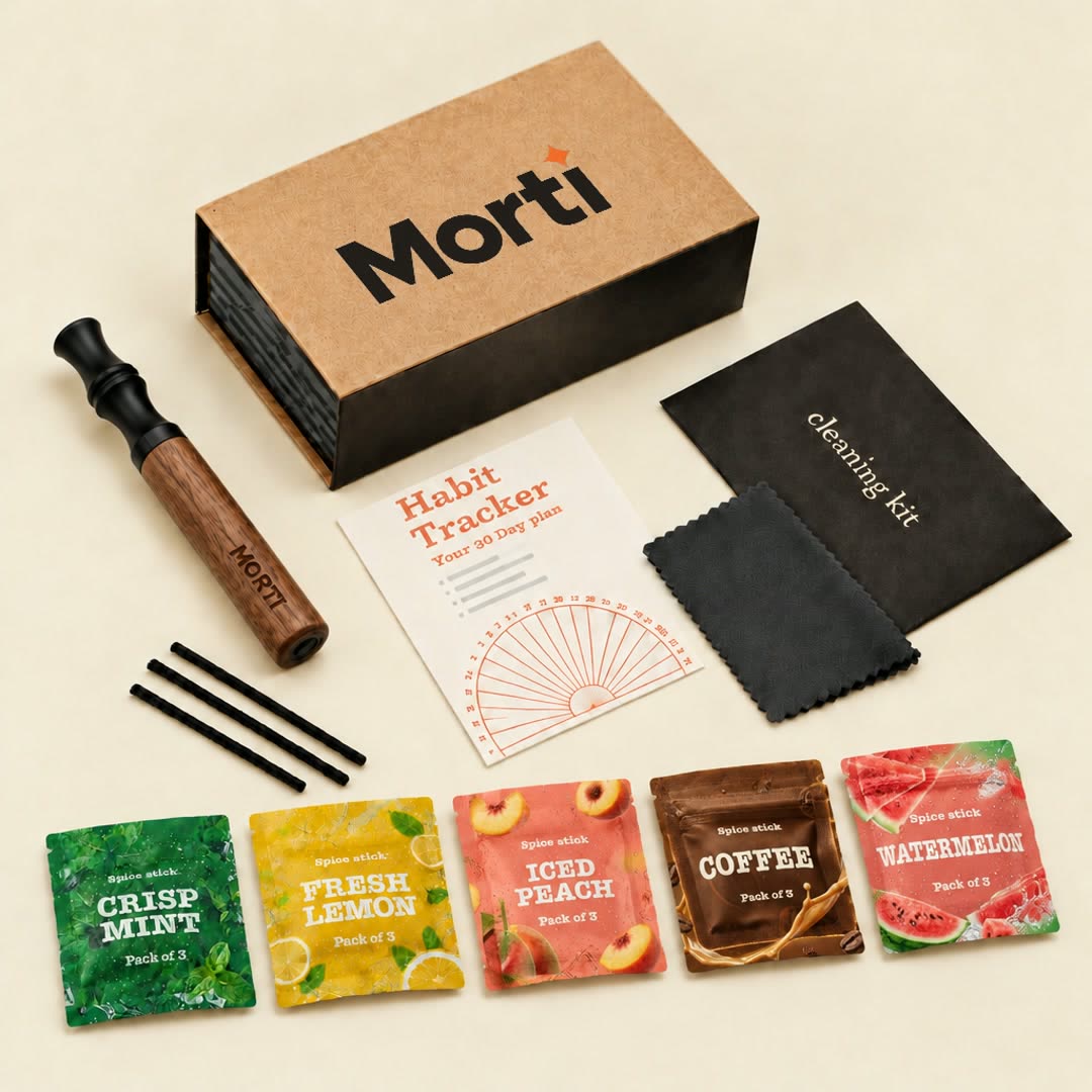 Morti Best Value Kit: Walnut pen, gift box, Habit Tracker, cleaning kit and 5 flavor pouches