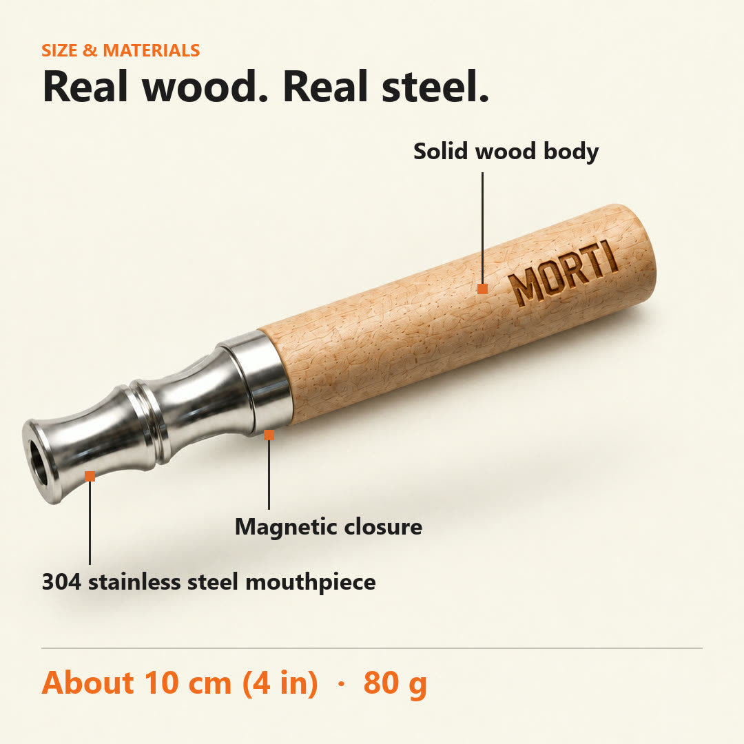 Size and materials: solid wood body, magnetic closure, stainless steel mouthpiece