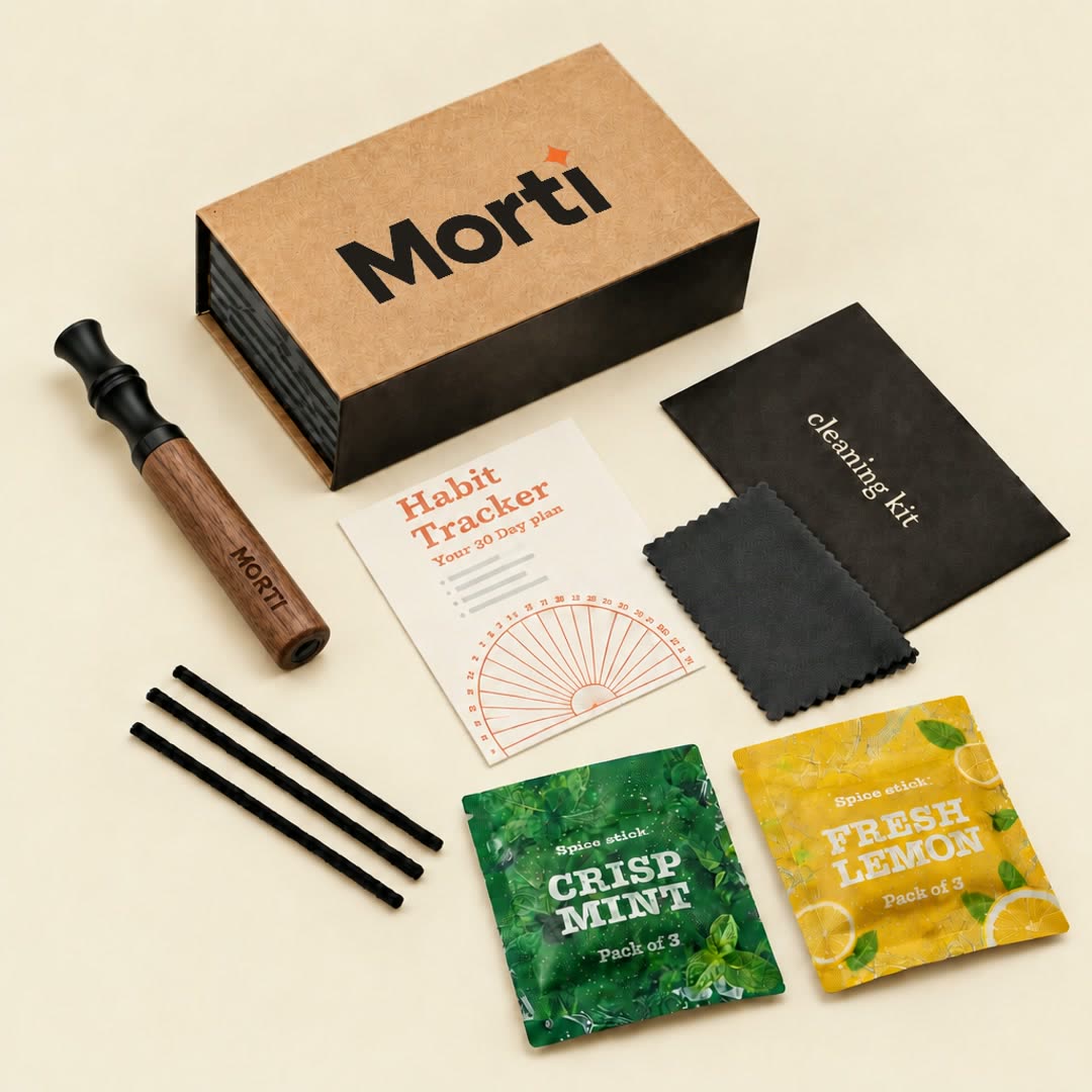 Morti Starter Kit: Walnut pen, gift box, Habit Tracker, cleaning kit and 2 flavor pouches