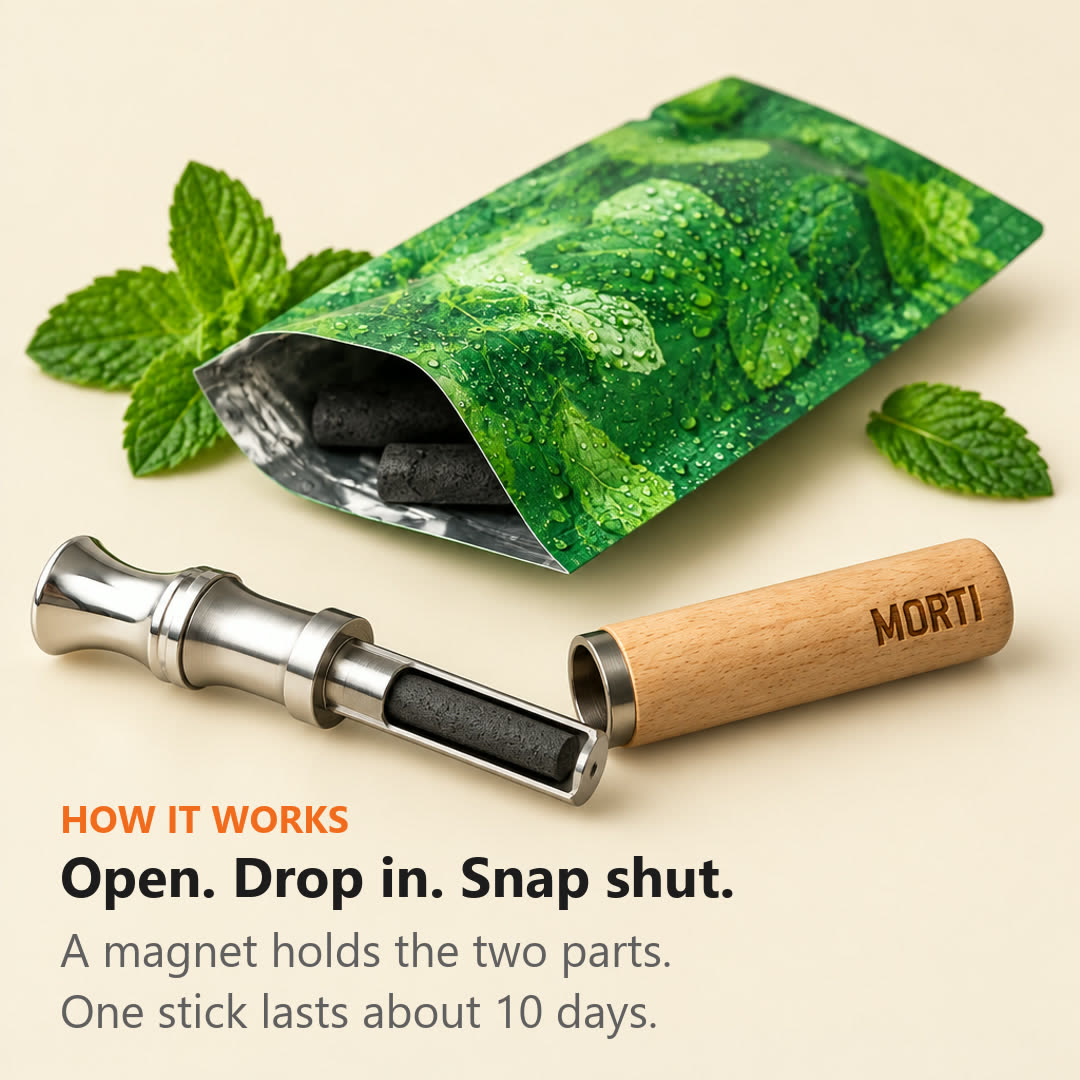 How it works: open the pen, drop in a flavor stick, snap it shut